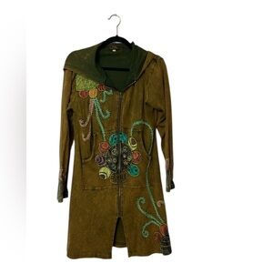 Rising International Brown Patchworks Floral Embroidered Boho Long Hoodie L